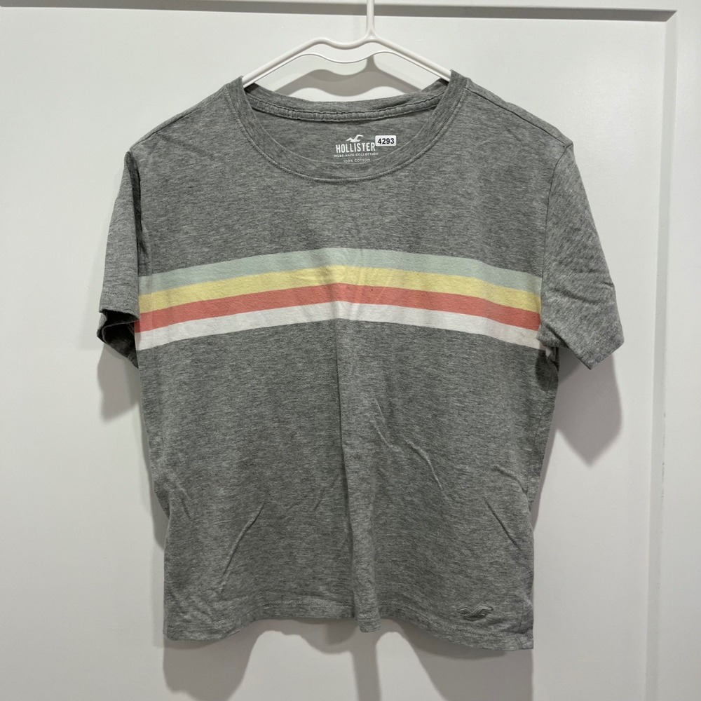 Hollister Must-Have Collection Grey Striped Short Sleeve Cotton T-Shirt Medium